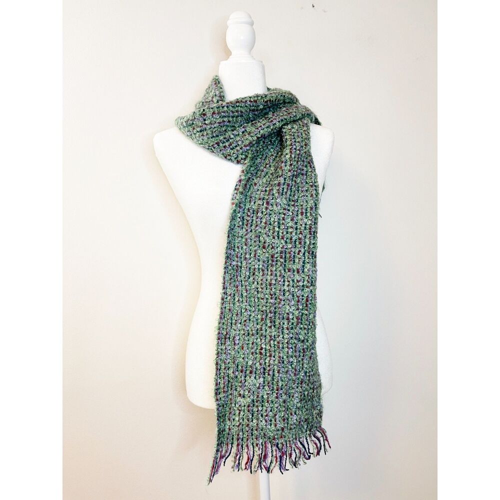 Mucros Weavers Ireland Bouclé Wool Scarf Green Purple Fringe Cozy Wrap